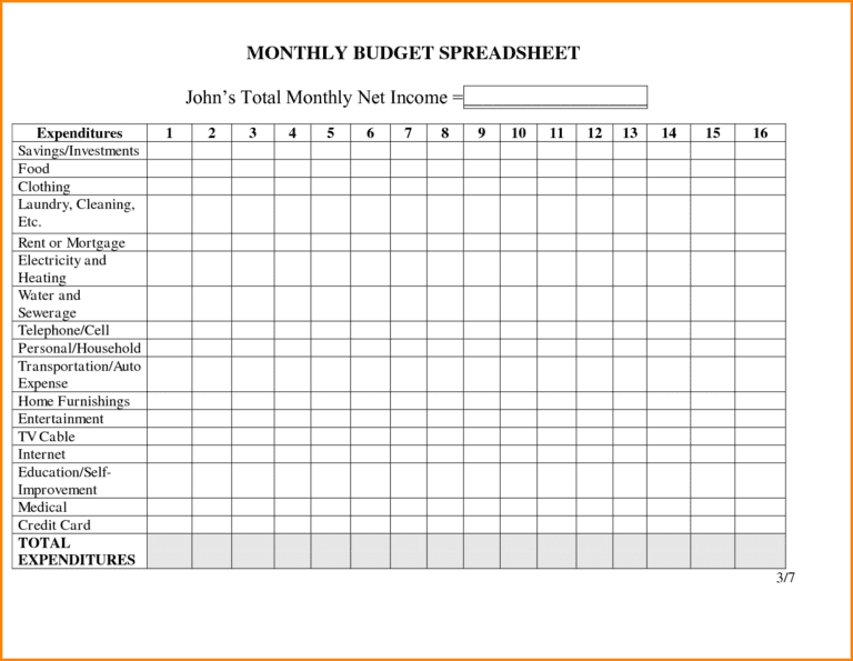 monthly expenses worksheet
