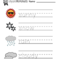 Free Preschool Weather Words Spelling Worksheet