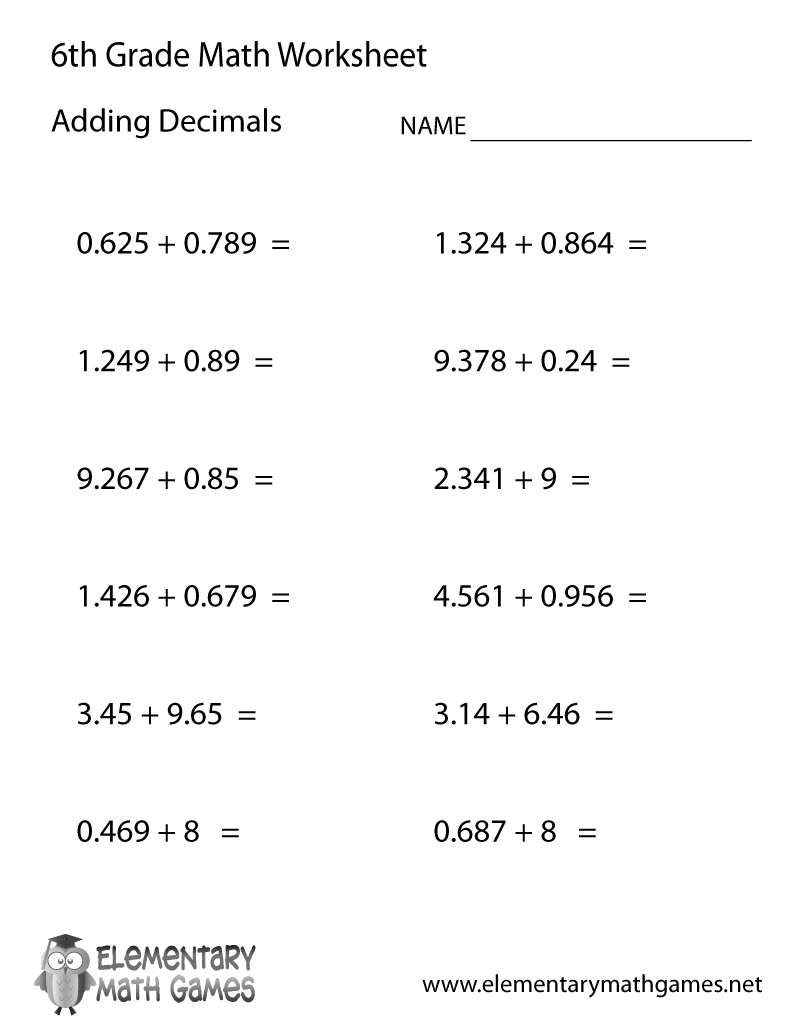 Free Printable Adding Decimals Worksheet For Sixth Grade — db-excel.com