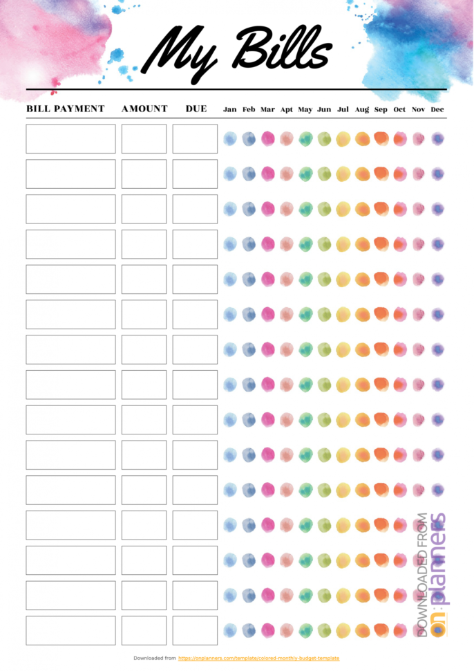 Free Printable Colored Monthly Budget  Pdf Download
