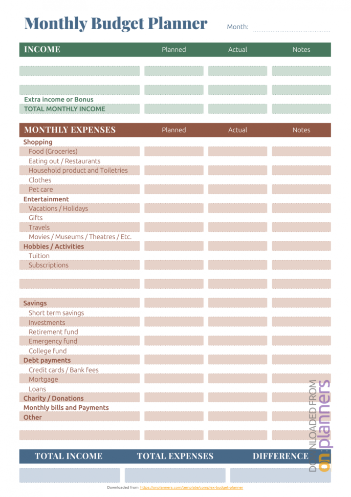 Free Printable Complex Budget Planner Pdf Download