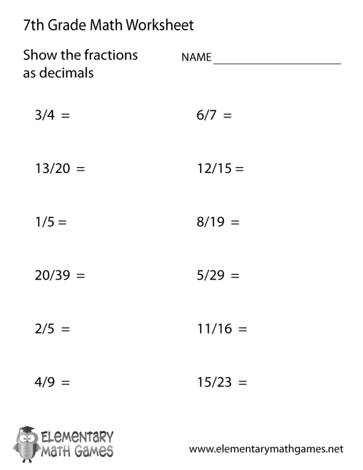 Free Printable Fractions And Decimals Worksheet For Seventh