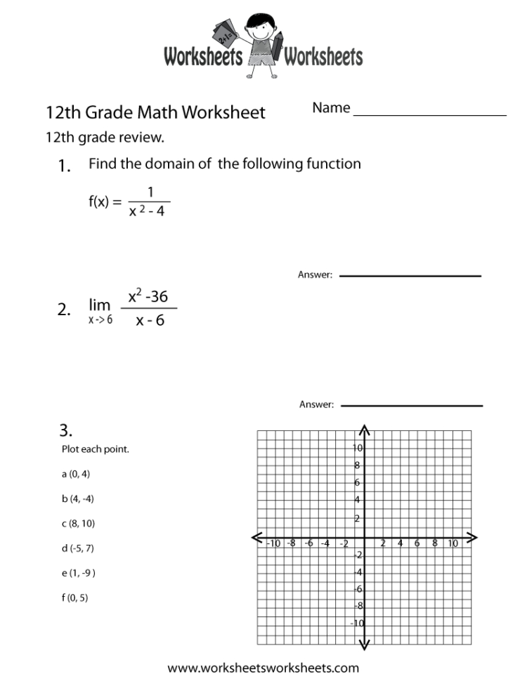 Free Printable Twelfth Grade Math Practice Worksheet