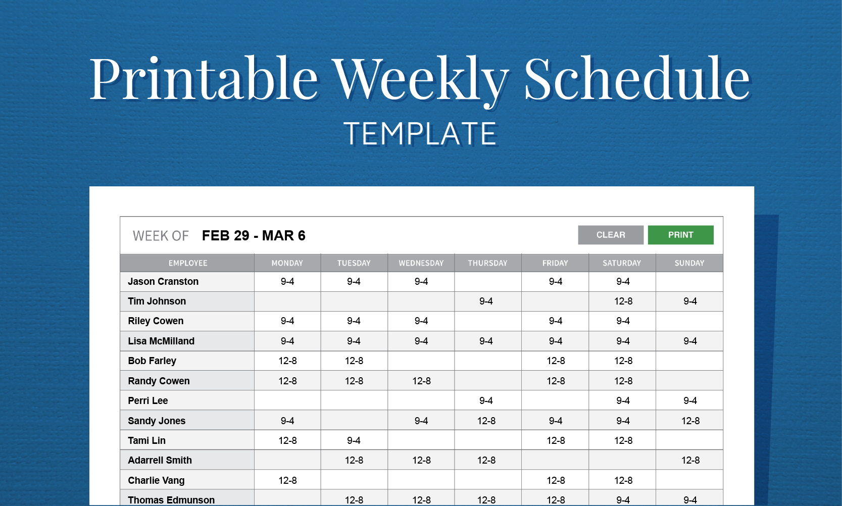Free Printable Weekly Work Schedule  For Employee