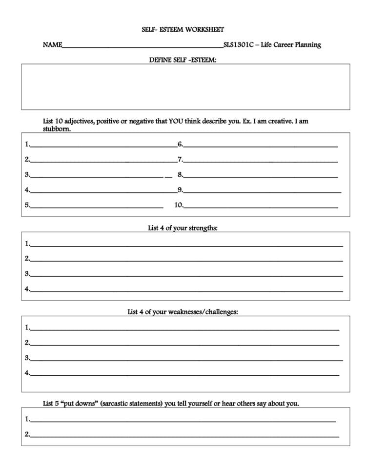 Free Self Esteem Worksheets For Children