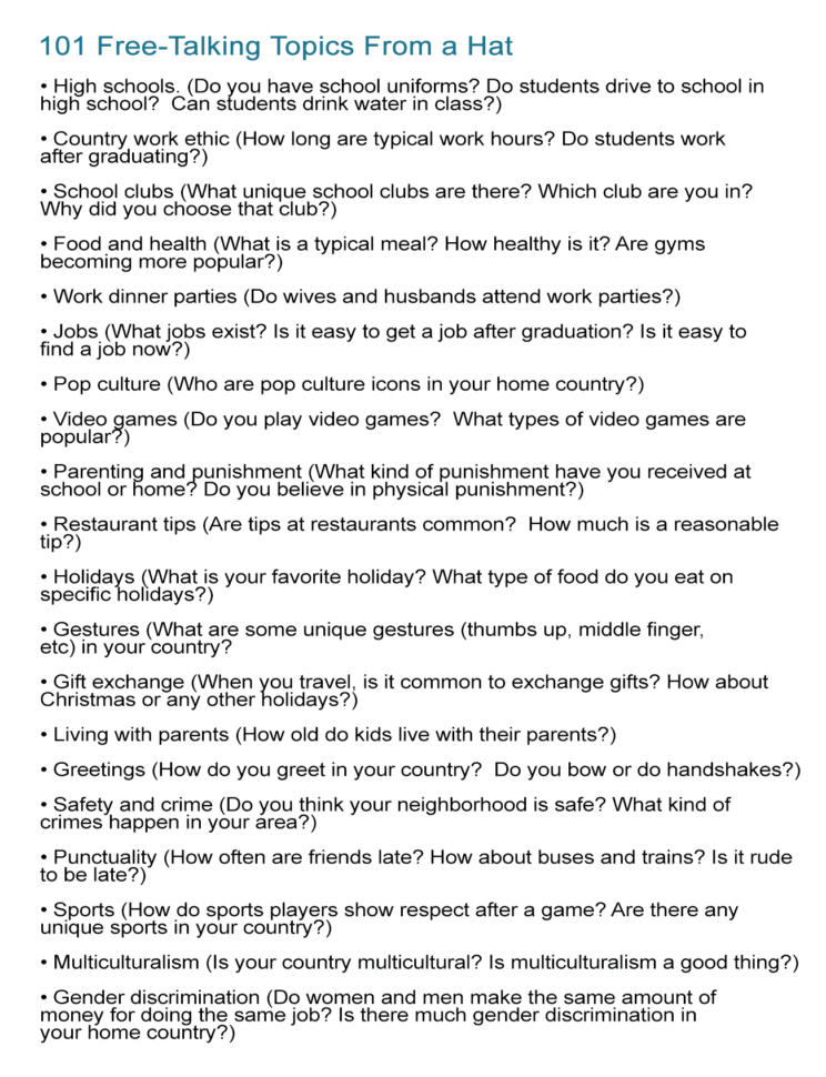 Free Talking Topics Worksheet Pick Discussion Ideas From A