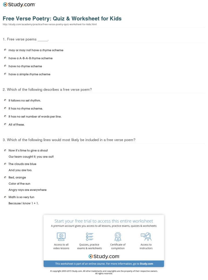 Free Verse Poetry Quiz  Worksheet For Kids  Study