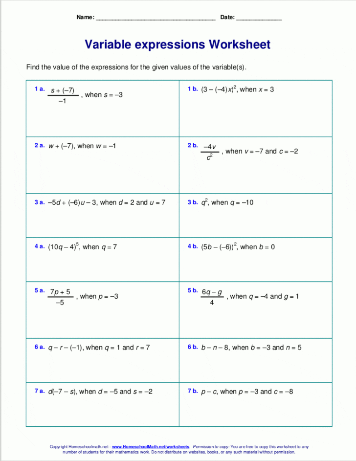 Evaluating Expressions With Multiple Variables Worksheet