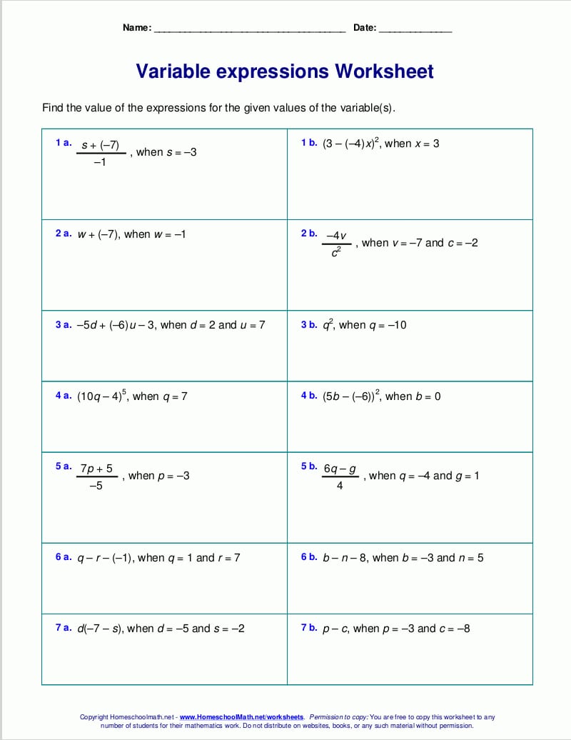 Free Worksheets For Evaluating Expressions With Variables