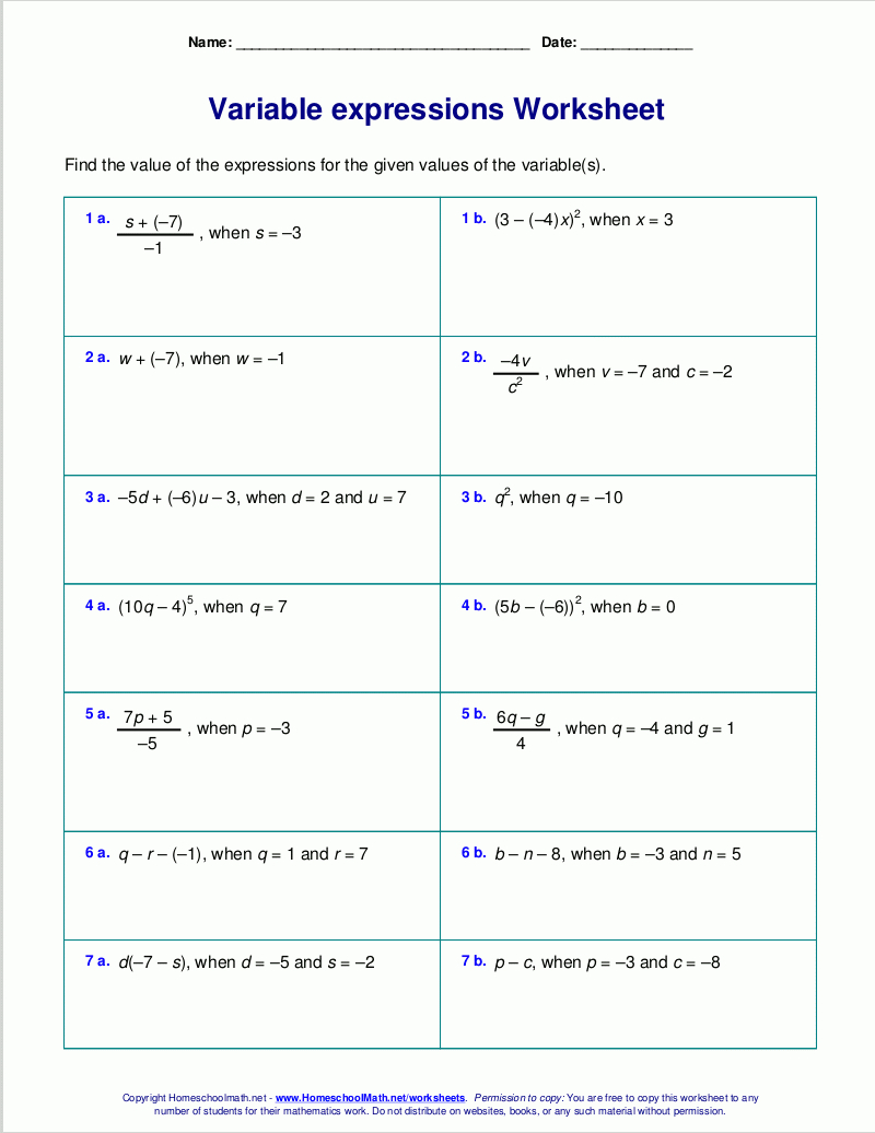 Free Worksheets For Evaluating Expressions With Variables Grades 6