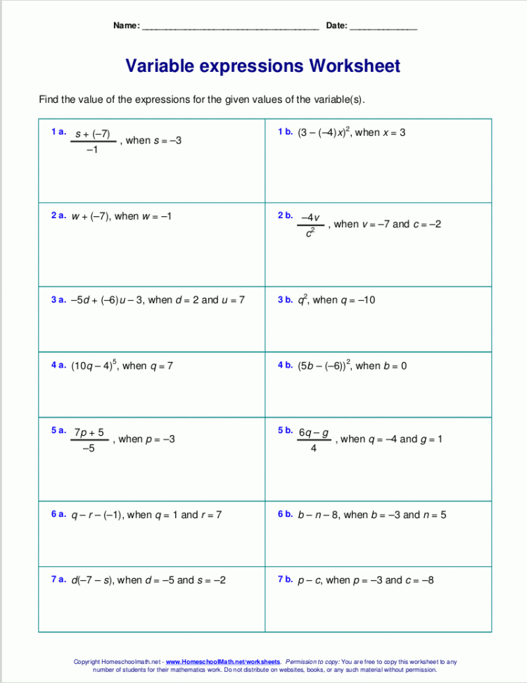 Word Phrases For Algebraic Expressions Worksheets
