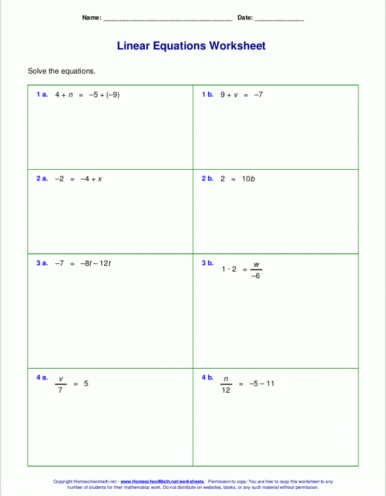 Free Worksheets For Linear Equations Grades 69 Pre