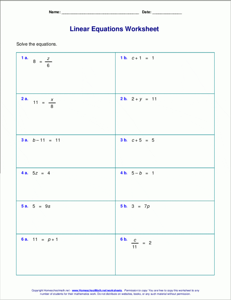 Free Worksheets For Linear Equations Grades 69 Pre