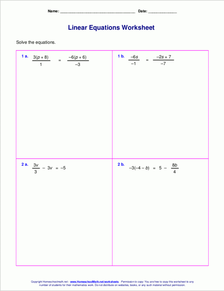 Free Worksheets For Linear Equations Grades 69 Pre