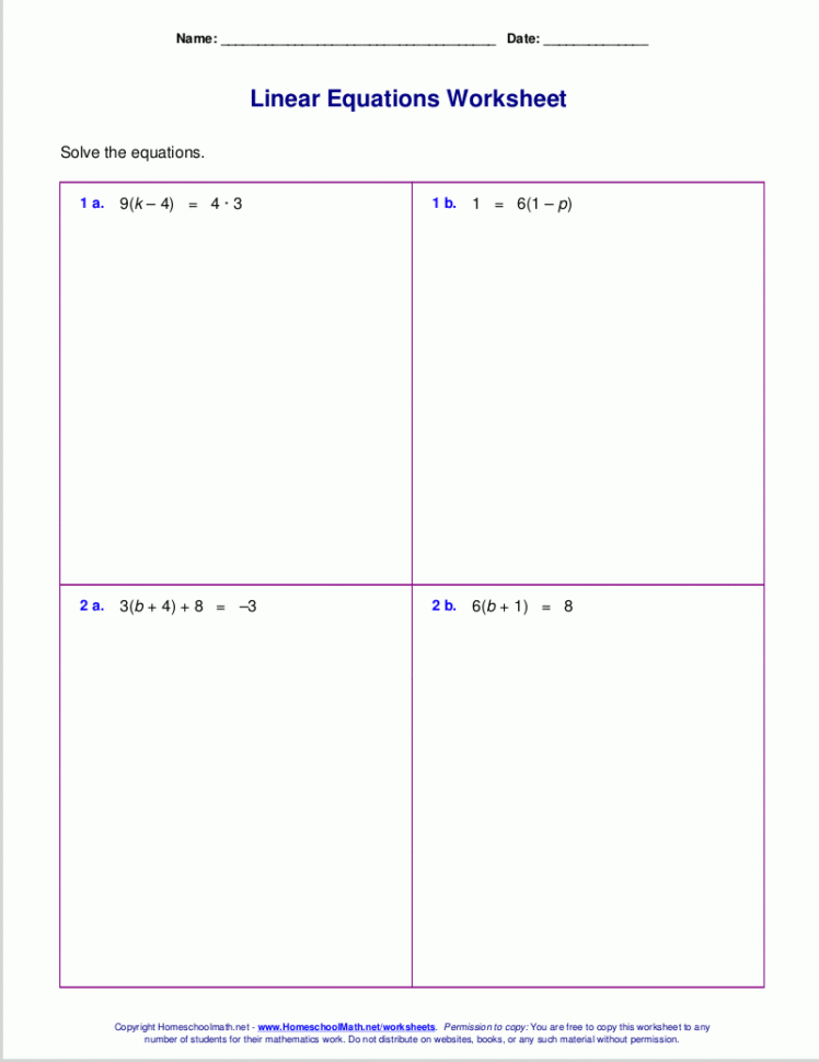 Free Worksheets For Linear Equations Grades 69 Pre