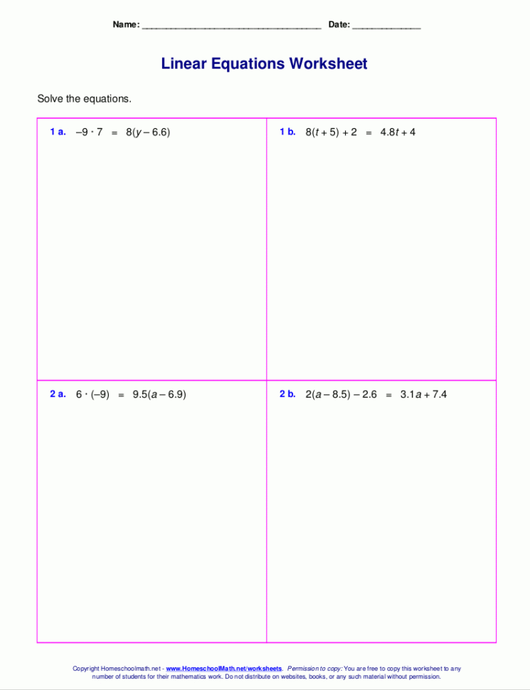 Free Worksheets For Linear Equations Grades 69 Pre Free Worksheets For Linear Equations Grades 69 Pre
