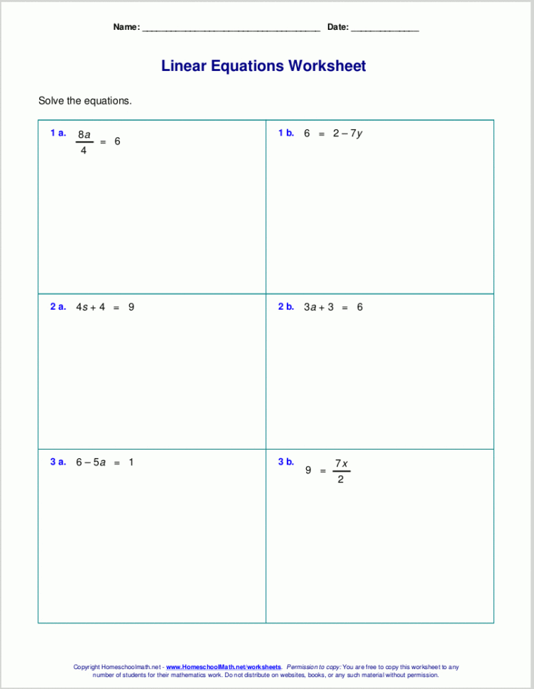 Free Worksheets For Linear Equations Grades 69 Pre