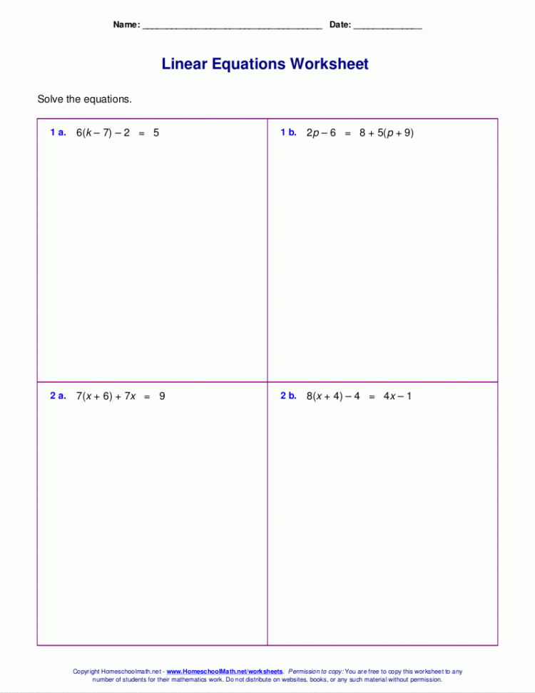 Free Worksheets For Linear Equations Grades 69 Pre