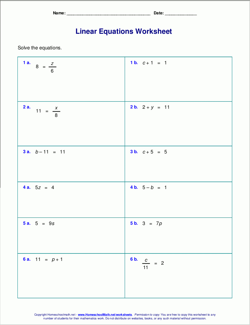 Free Worksheets For Linear Equations Grades 69 Pre