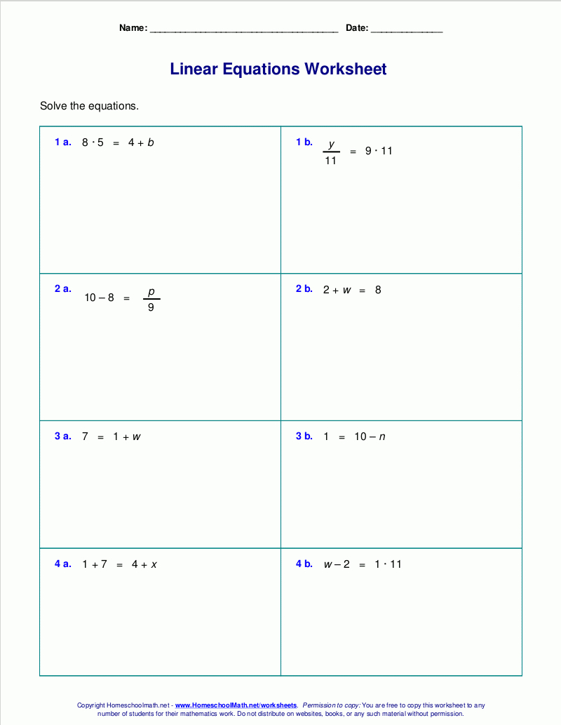 Free Worksheets For Linear Equations Grades 69 Pre