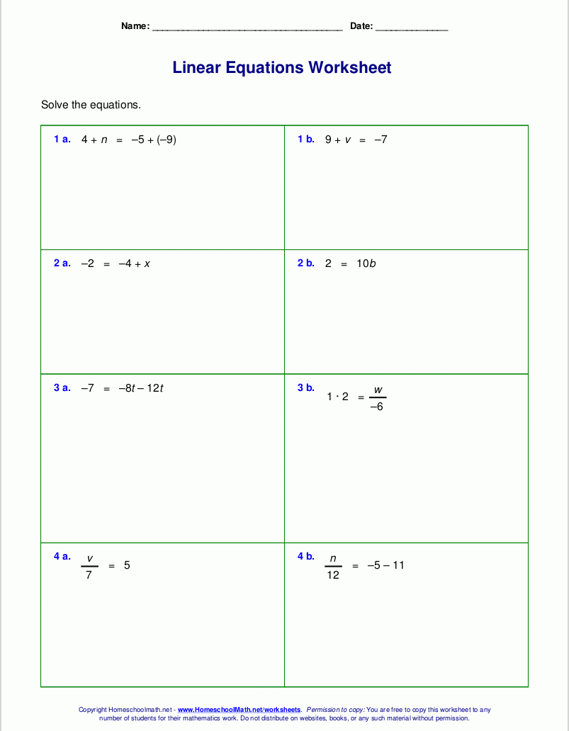 Free Worksheets For Linear Equations Grades 69 Prealgebra