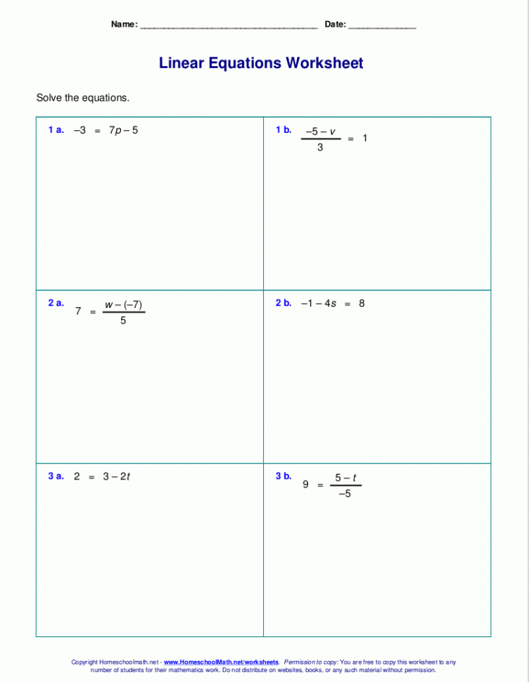 Free Worksheets For Linear Equations Grades 69 Prealgebra