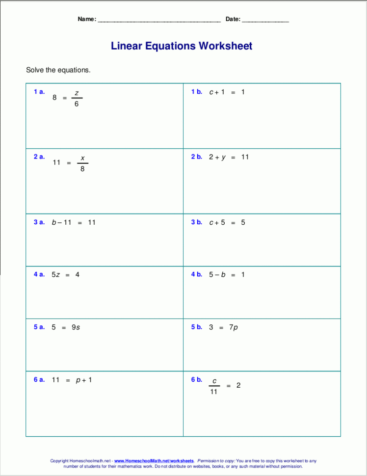 Free Worksheets For Linear Equations Grades 69 Prealgebra