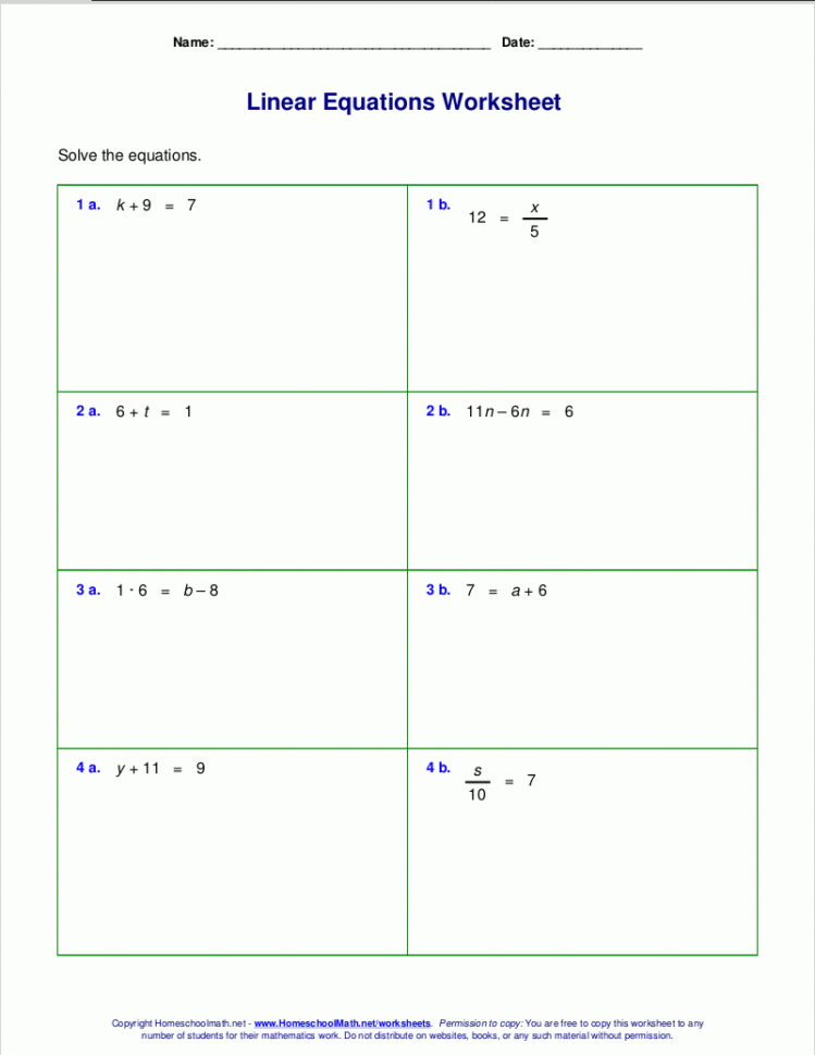 Free Worksheets For Linear Equations Grades 69 Prealgebra