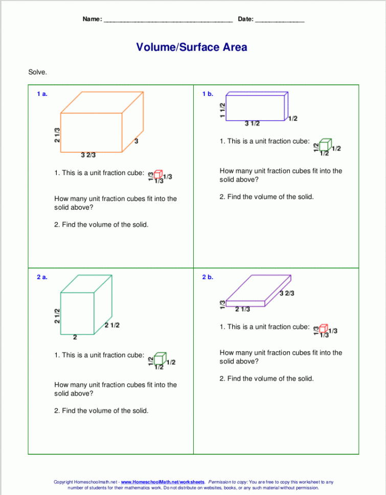 Free Worksheets For The Volume And Surface Area Of Cubes