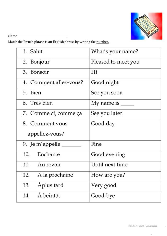 French Greetings Match  English Esl Worksheets