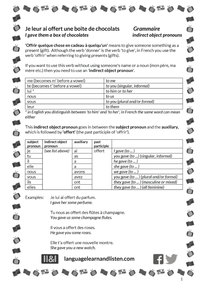 French  Indirect Object Pronouns And Giving Gifts  Je Leur Ai Offert Une  Boîte De Chocolats