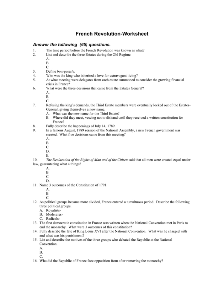 French Revolutionworksheet Answer The Following 65 Questions