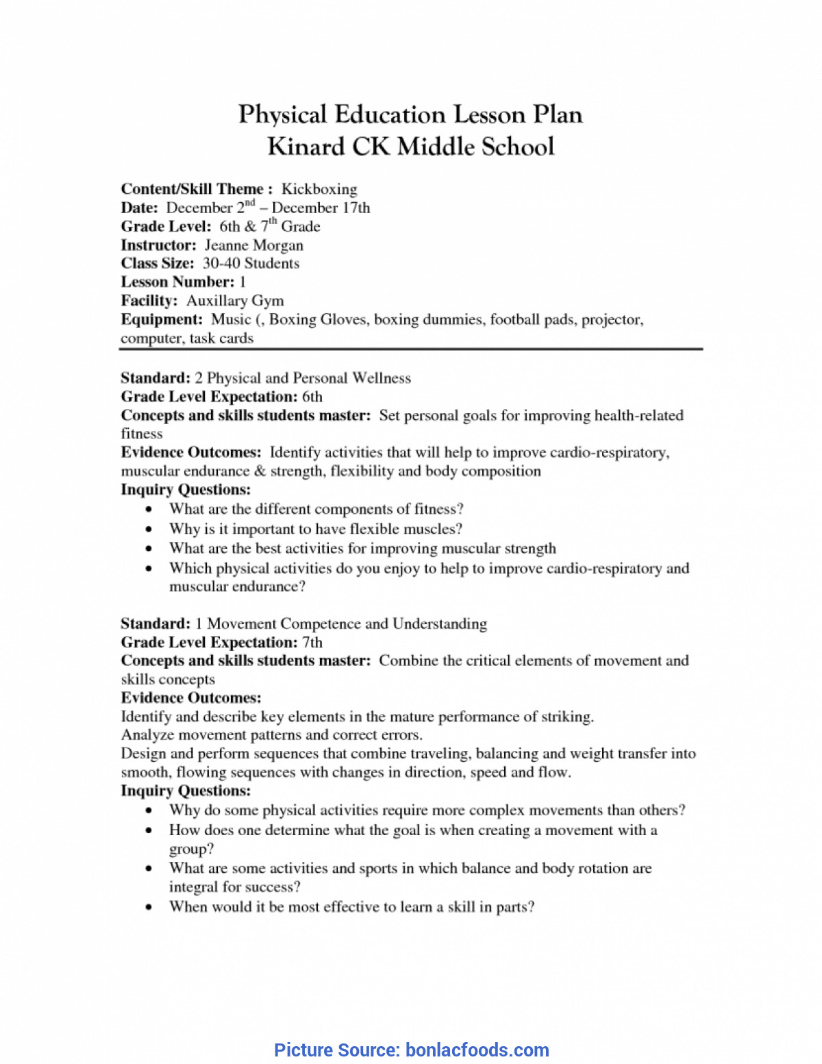 Fresh Lesson Plan Physical Education Worksheets For All