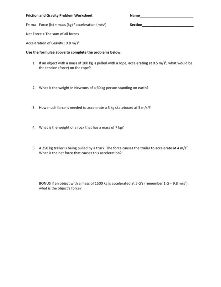 Friction And Gravity Problem Worksheet