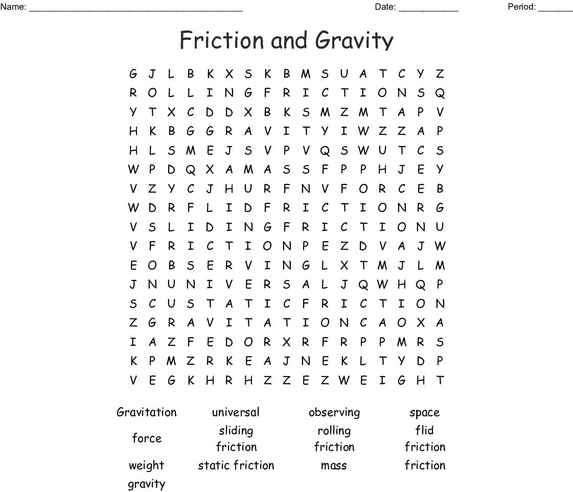Friction And Gravity Word Search  Word