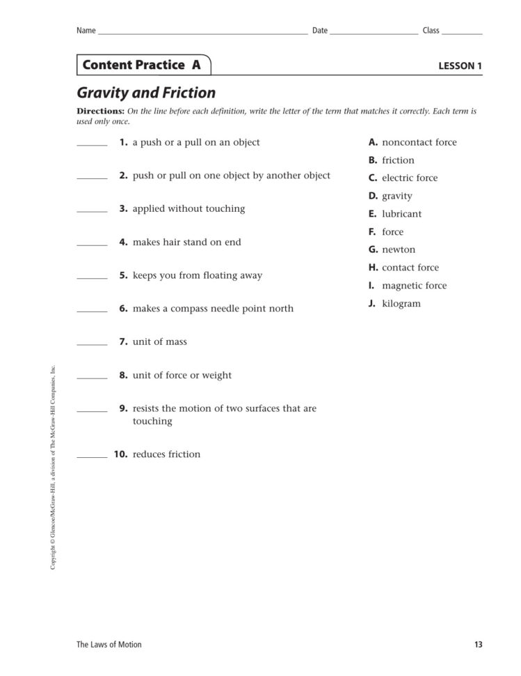Friction And Gravity Worksheet Answers As 1St Grade
