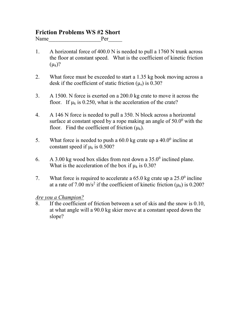 Friction Problems Worksheet  Answer These In Your Notebook