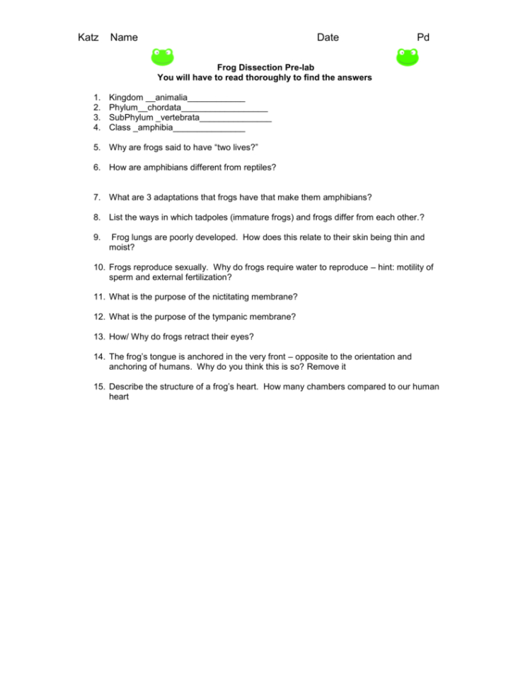 frog dissection worksheet with answers