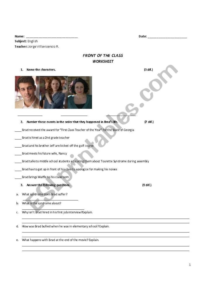 Front Of The Class Movie Worksheet  Esl Worksheet