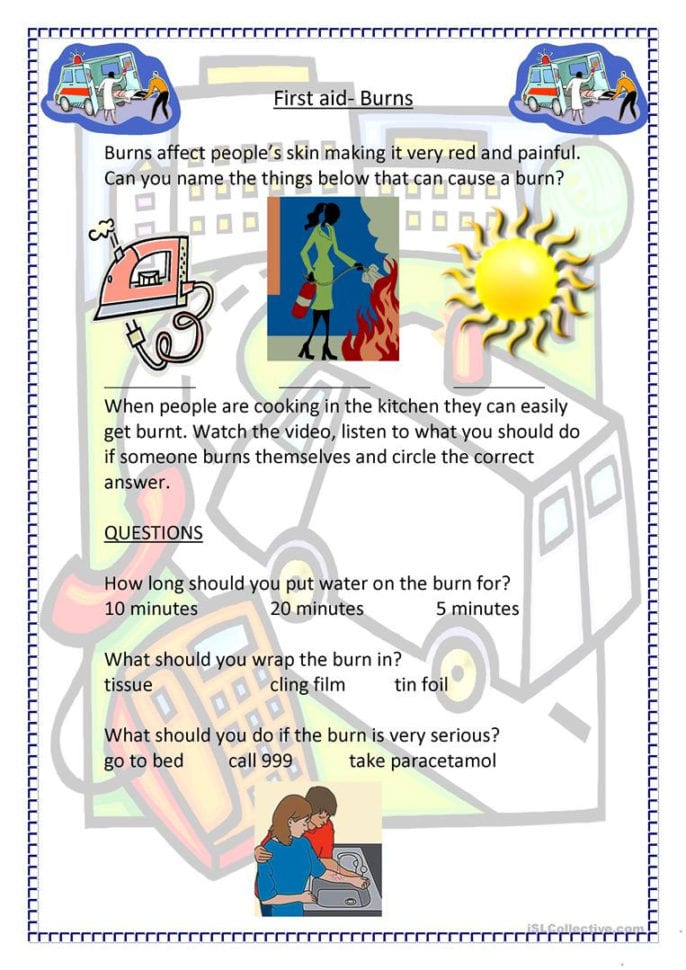 Ft Aid Burns  English Esl Worksheets