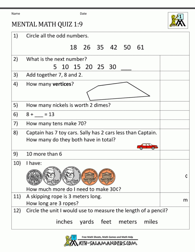 Ft Grade Mental Math Worksheets