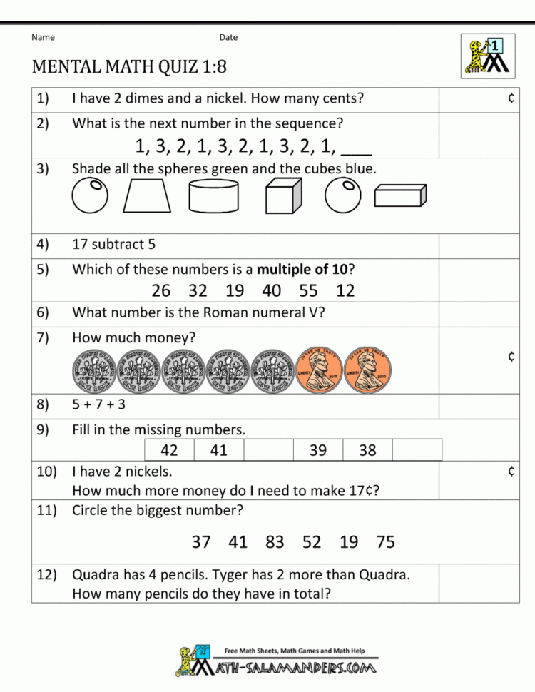 Ft Grade Mental Math Worksheets