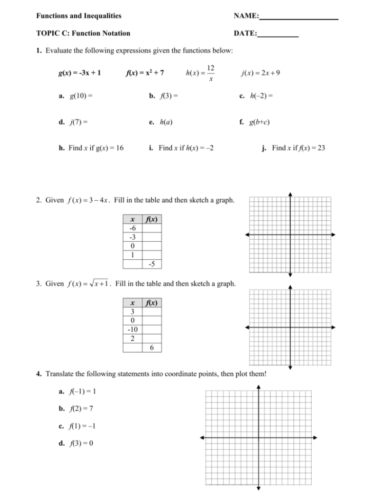 Function Notation Worksheet