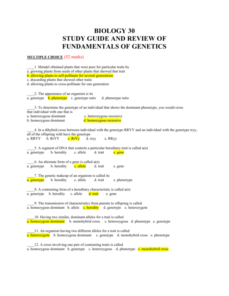 Fundamentals Of Genetics Review  Answers