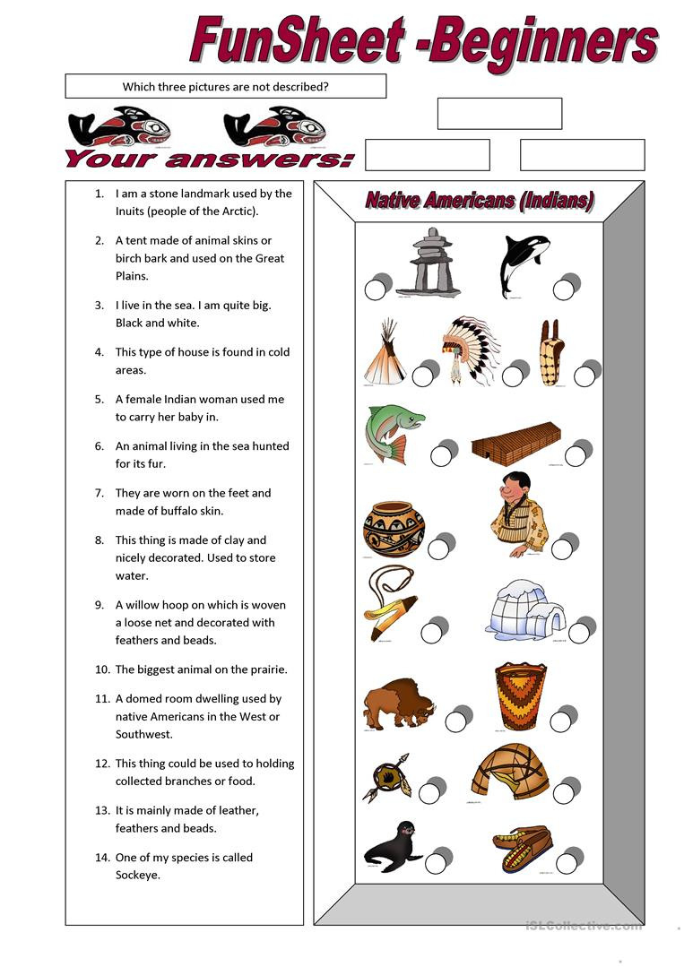 Funsheet For Beginners Native Americans Indians  English