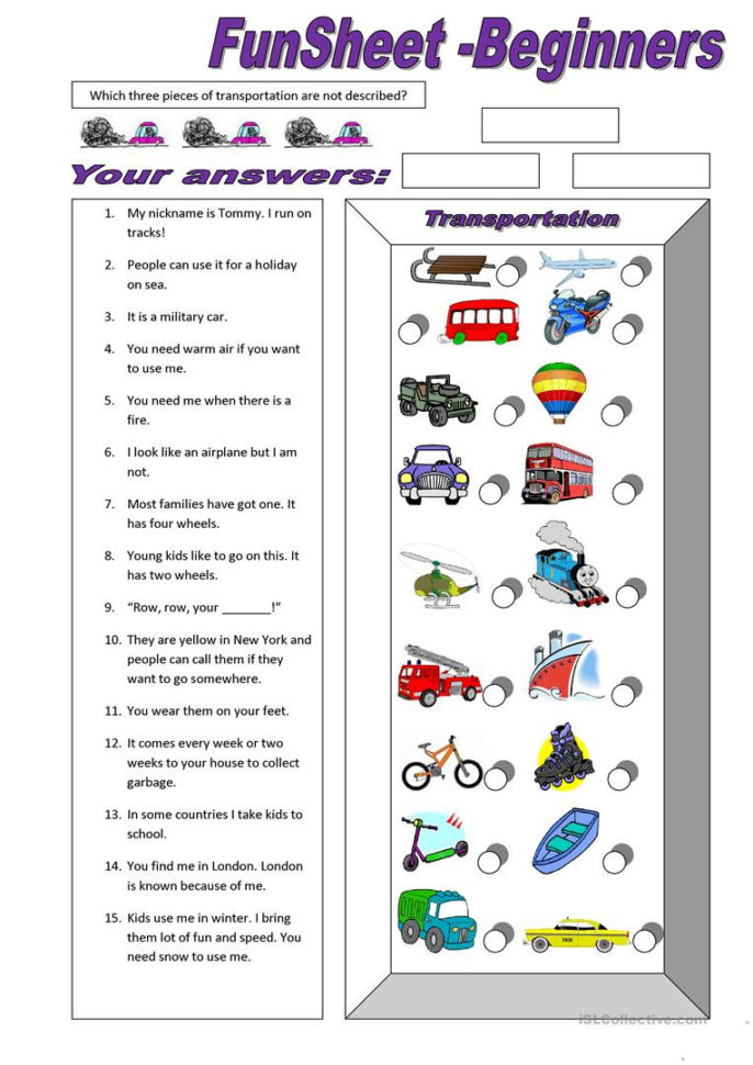 Funsheet For Beginners Transportation  English Esl Worksheets
