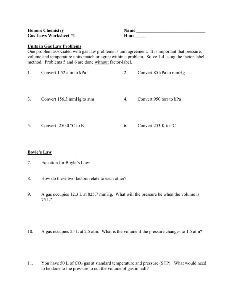 Gas Law Worksheet 1