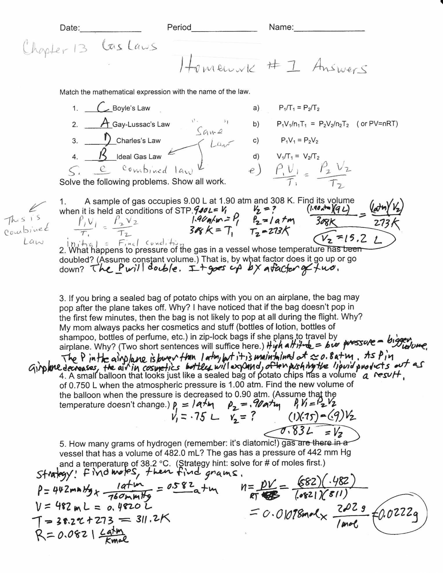 Gas Laws Practice Problems Worksheet Answers