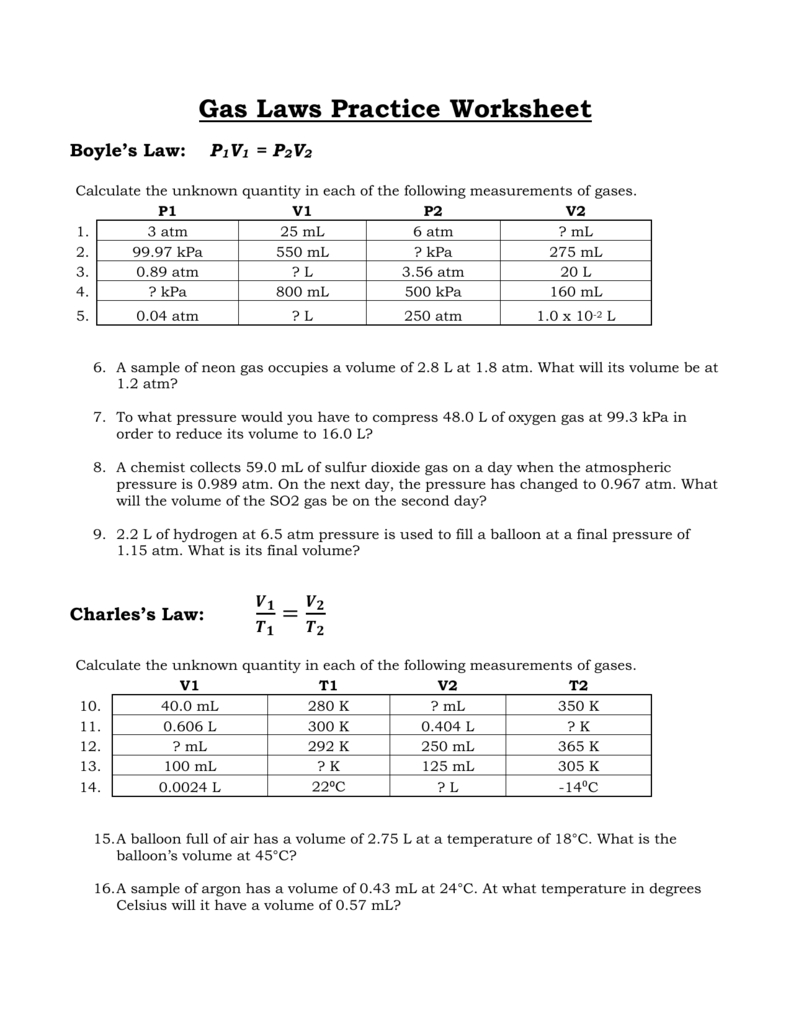 Gas Laws Practice Worksheet Boyles Law