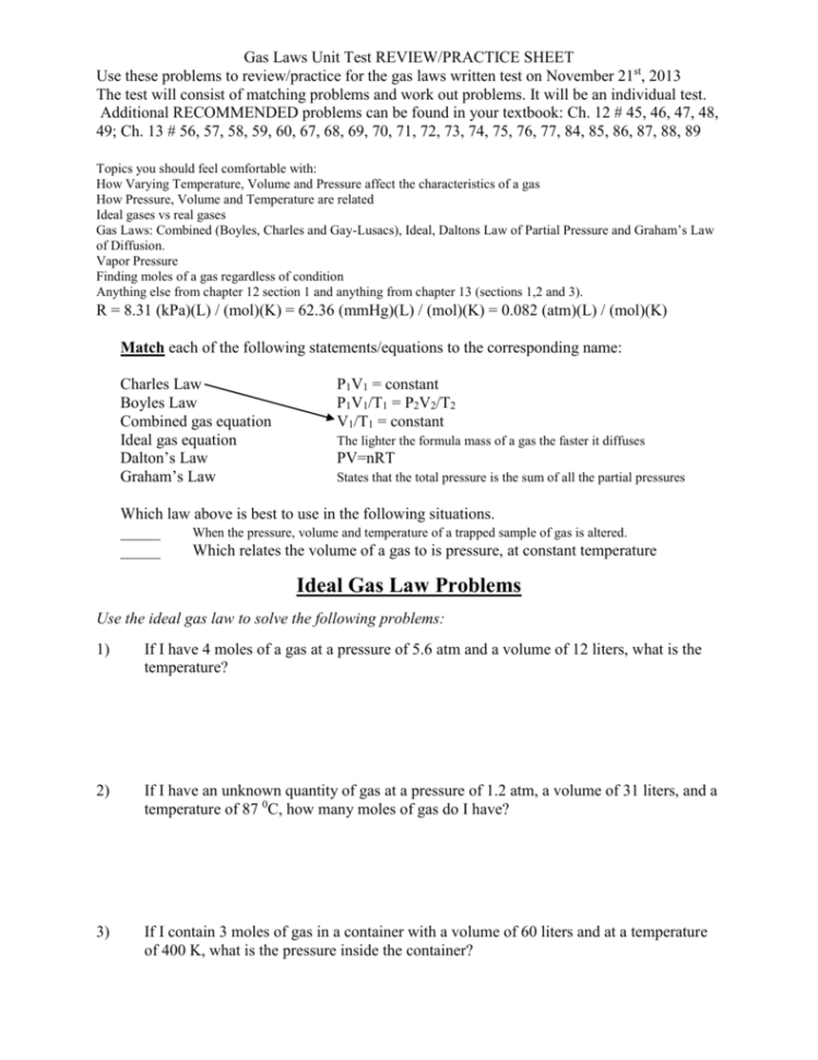 Gas Laws Unit Test Answer Sheet